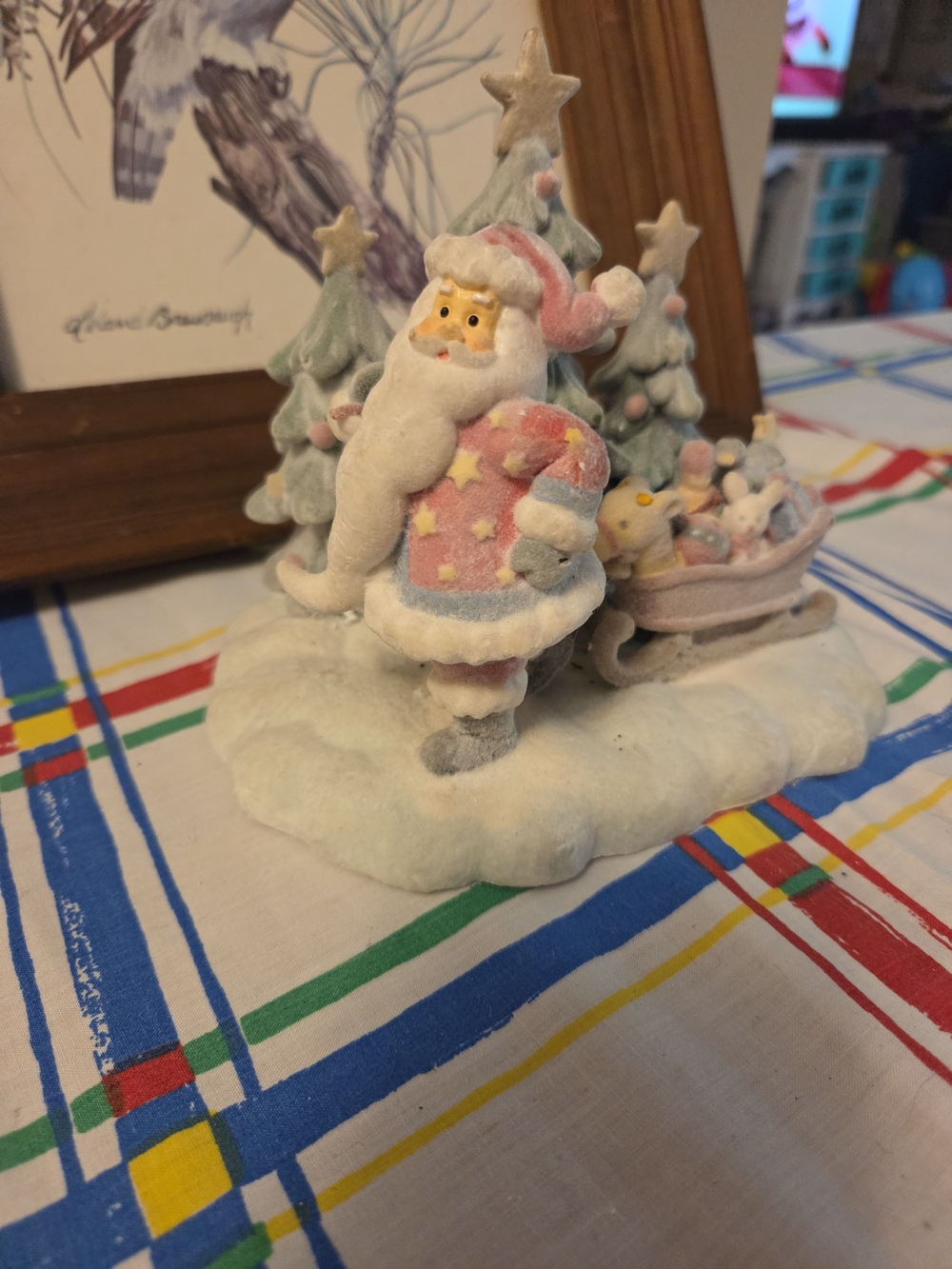 Fuzzy Santa cute statue pulling sleigh with tpys & trees some wear, please read